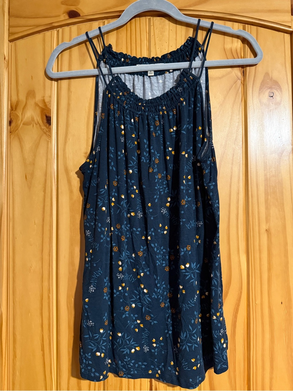 Women’s Blue Floral Smocked Neck Tank Top with Double Straps